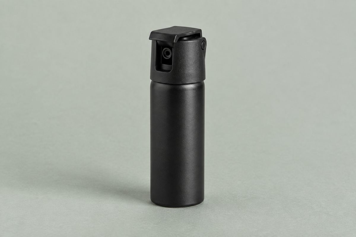 En försvarsspray med fällbart skyddslock